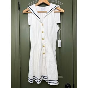 NWT Saylor Brooklynn Seersucker Sailor Romper Nautical Resort White Navy Small